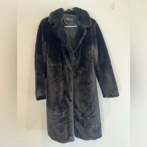 Black Faux Fur Coat Teddy Long Plush Winter Jacket Size US 4 Boohoo - Picture 1 of 3